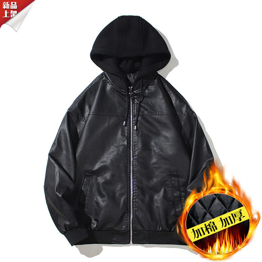 HKWZ Men's Hooded PU Leather Jacket Motorcycle Hooded Men's Youth Leather Jacket Cotton Autumn and Winter Thickened Jacket Leather Jacket Black M