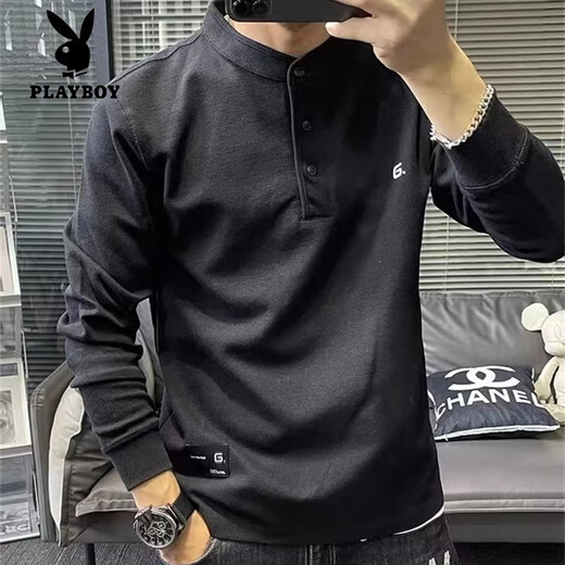 Playboy (PLAYBOY) Henry collar sweatshirt men's spring and autumn style embroidered trendy casual T-shirt long-sleeved bottoming shirt loose men's inner top black regular M