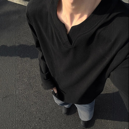 Heavyweight German velvet V-neck long-sleeved T-shirt men's autumn and winter cleanfit American fashion brand inner layering shirt sweatshirt Henry Black M
