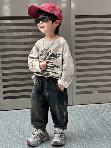 男童牛仔裤春秋2025新款帅气儿童超软休闲长裤男宝宝秋季百搭裤子 蓝灰色-春秋款 cm 90