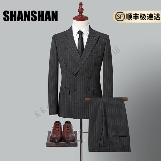 Shanshan (SHANSHAN) light luxury brand men's suit casual gray striped slim double-breasted suit suit for men gray striped XL 175
