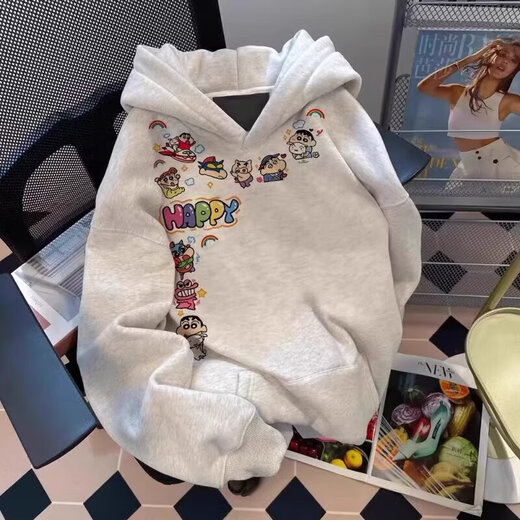 Hooded velvet sweatshirt autumn and winter new fashion cartoon small new print versatile casual trendy top msn x-W789 velvet white gray M