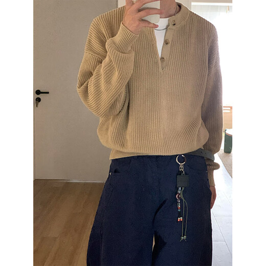 Digada Henry collar sweater men's autumn and winter cleanfit American retro sweater lazy bottoming shirt casual sweater YXXS-M5818 Khaki L