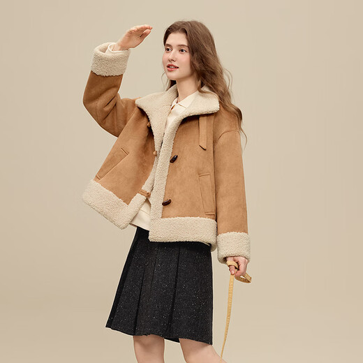 Betu Women's 2025 Winter New Short Jacket Gentle Temperament Environmentally Friendly Suede Particle Jacket Women 2511T32 Camel Color XS