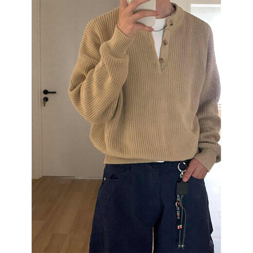 Digada Henry collar sweater men's autumn and winter cleanfit American retro sweater lazy bottoming shirt casual sweater YXXS-M5818 Khaki L