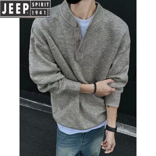 JEEP SPIRIT American retro Henley collar sweater for men, autumn and winter, lazy, high-end, casual, men's inner base sweater, dark gray 2XL