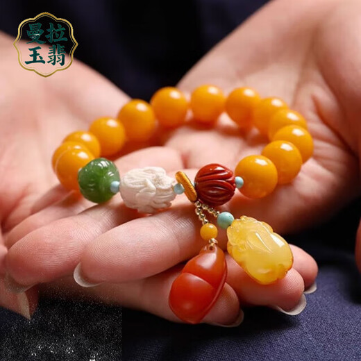 Manla Jade Pei Natural Beeswax Bracelet Female Chicken Oil Yellow Single Circle DIY Bracelet Amber Lucky Small Pixiu Beads 11mm Beeswax Beads About 11mm 13pcs