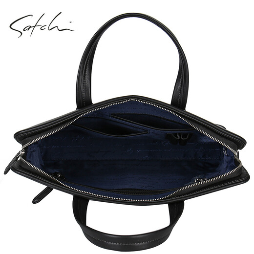 SATCHI men's bag business briefcase first layer cowhide handbag large capacity shoulder crossbody bag computer bag black 14 inches