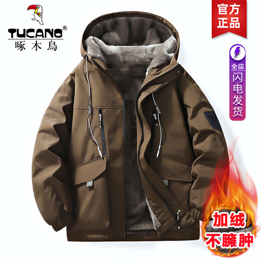 Woodpecker Plush Padded Jacket Men's Winter 2025 New Men's Padded Jacket Thickened Warmth Versatile Down Jacket D09 Gray Plush Padded Jacket Fashion & Warmth XL Recommended 120-140Jin Jin equals 0.5kg