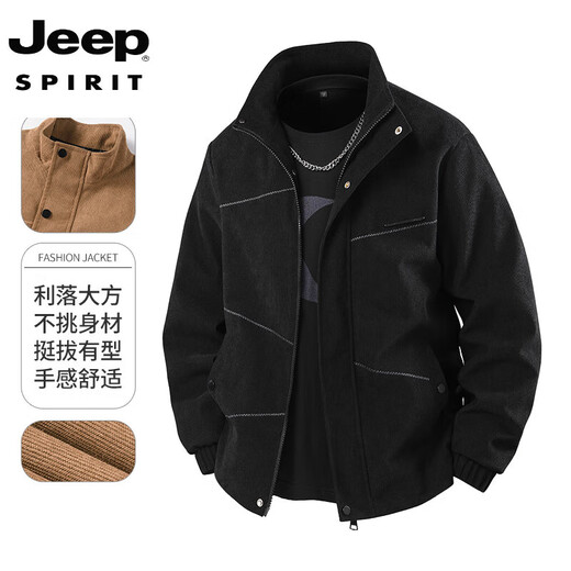 JEEP SPIRIT Corduroy New Men's Jacket Spring and Autumn Stand Collar Casual Jacket Trendy Handsome Versatile Fashion Workwear Top Black M