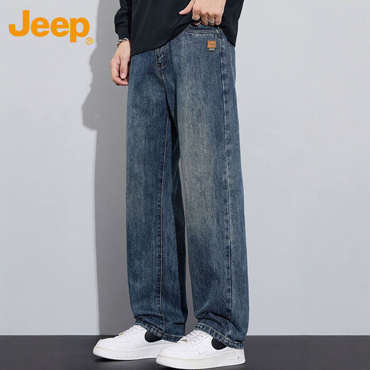 JEEP jeans men's autumn and winter straight casual pants men's loose wide-leg pants stretch nostalgic blue 33