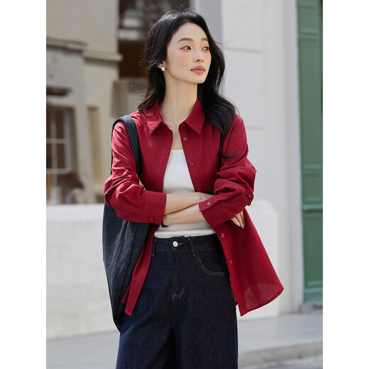 Vimly cotton and linen blended long-sleeved shirt jacket for women spring new design top jacket Reson red XL