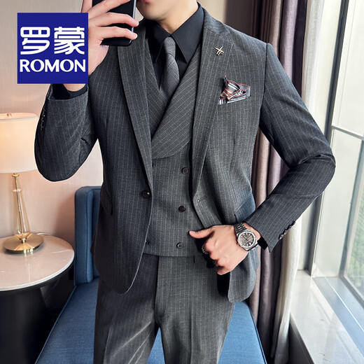 ROMON Light Luxury High-end Striped Suit Men's Business Casual Professional Formal Wear Groom Wedding Banquet Suit Dress Gray Suit + Suit + Vest XL Size (Free Brooch + Pocket Square)