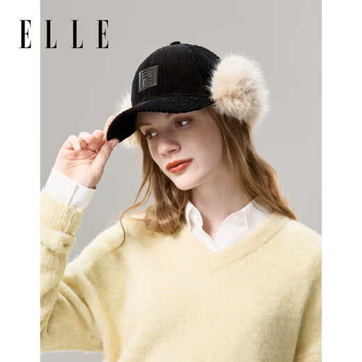 ELLE corduroy plus velvet thickened ear protection baseball cap for women autumn and winter warm peaked cap fashionable and versatile classic black adjustable (56-58cm)