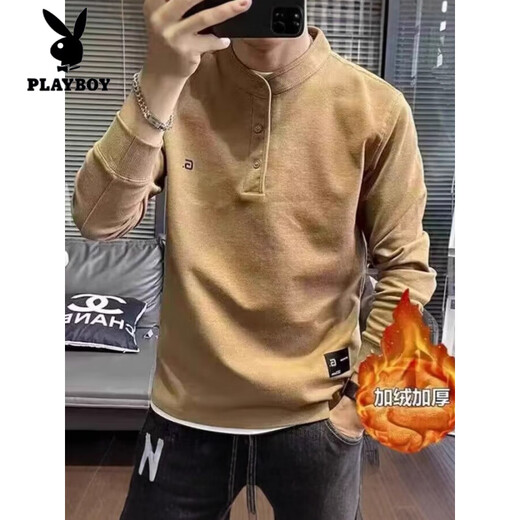 Playboy (PLAYBOY) Henry collar sweatshirt men's spring and autumn style embroidered trendy casual T-shirt long-sleeved bottoming shirt loose men's inner top black regular M