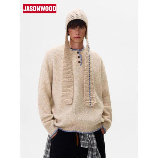 JASONWOOD Retro Atmosphere Knitted Sweater Men's American Niche Design Henley Collar Lazy Sweater Apricot Quality Upgrade M 160-170CM 90-115Jin Jin is equal to 0.5 kg