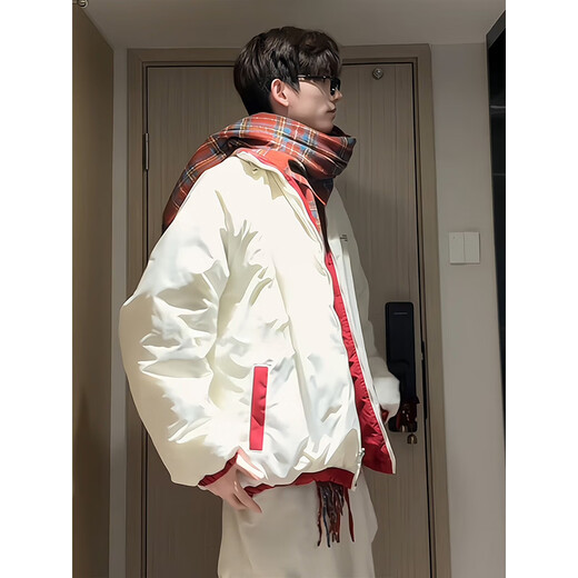 Katuchi American double-sided down cotton jacket men's winter thickened warm cotton coat handsome contrasting color short bread coat bull red + off-white double-sided cotton jacket version XL