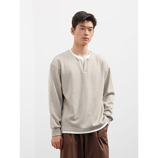 GXG men's fake two-piece sweatshirt 25 autumn new round neck T-shirt Henry shirt top oatmeal color 170/M