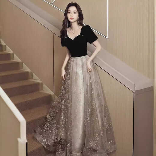 Evening dress for women 2025 new annual meeting high-end black dress light luxury niche high-end sense student art exam adult black evening dress L