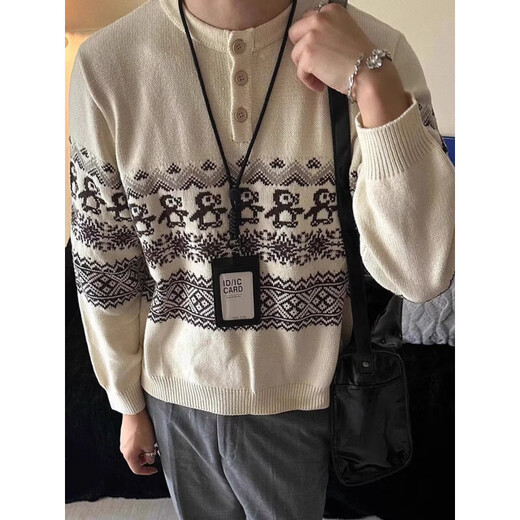 Taichiism Christmas Penguin Fair Isle Henry Neck Sweater for Men and Women, Autumn and Winter Lazy High-Quality Knitwear, Off-White 3XL 160-180Jin Jin is equal to 0.5 kg