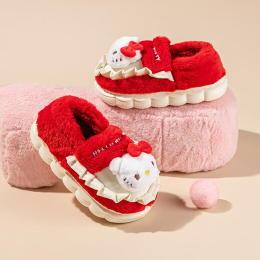 HELLOKITTY children's shoes girls cotton slippers winter indoor home bag heel soft comfortable warm slippers 8048D red 38/39