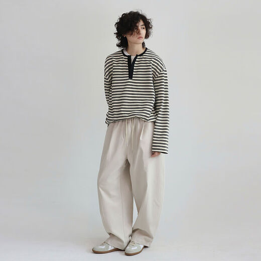 Yichen YICHEN Spring New Henley Striped Long Sleeve T-shirt Half Open Collar Thin Sweatshirt for Men and Women White S S