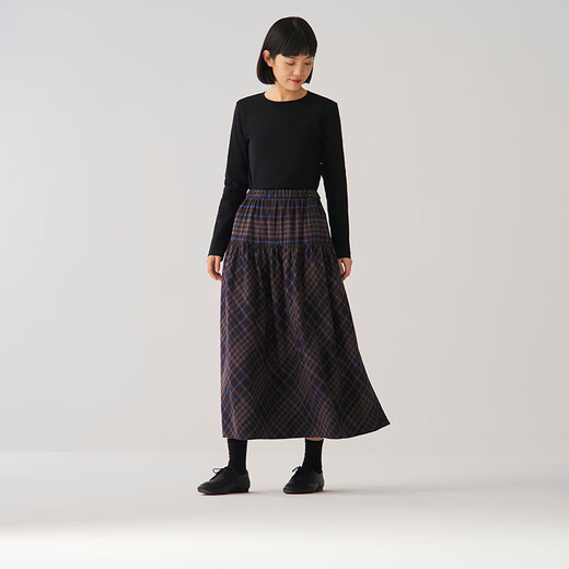 MUJI Women's Flannel Pleated Skirt Long Skirt Women's Skirt Women's Fall 25 BE1D1C5A Brown Plaid M