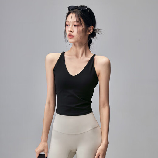 Fitness girl sexy beautiful back yoga shoulder strap chest pad shockproof sports bra outer wear suspender Pilates top dark gray_vest S