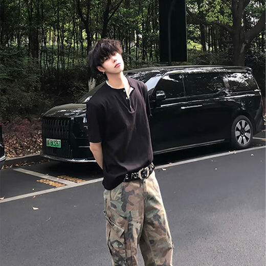 Black waffle Henry collar short-sleeved men's handsome T-shirt American polo shirt cleanfit bottoming shirt floral gray upgraded model XL XL recommended 135-150Jin Jin equals 0.5 kg