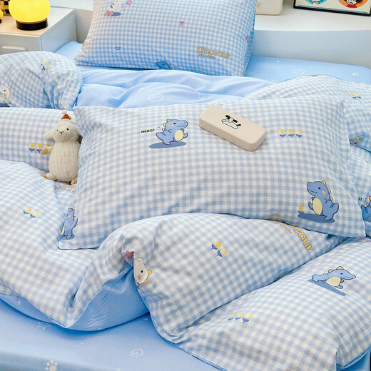 Yong Huan Customized Pure Cotton Children's Quilt Cover Single Piece Infant Kindergarten Three-piece Single Bed Boys and Girls Quilt Cover Blue Dinosaur Baby Single Quilt Cover 100X130cm