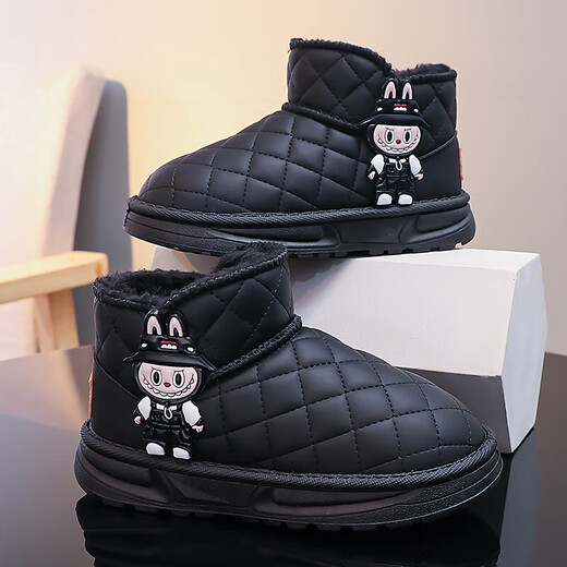 Labubu girls' cotton shoes plus velvet to keep warm 2025 new winter children's black snow boots girls' big children's winter boots pink 28