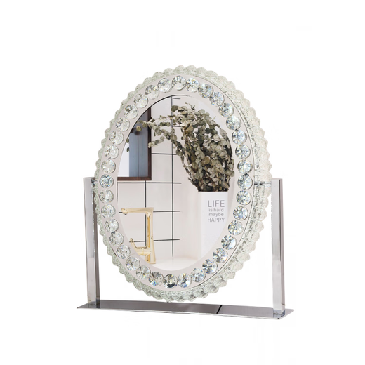 Oval Large Led Crystal Cosmetic Mirror Exquisite Lighting Cosmetic Mirror Desktop Popular Accessible Luxury Smart Filled Light Mirror Silver Medium Plug-in Model