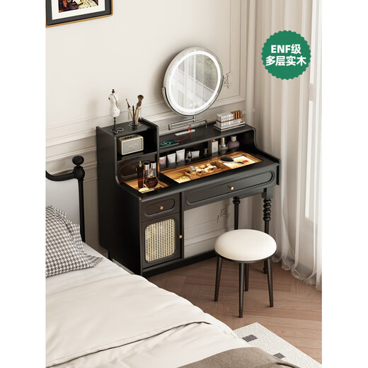 Fat Donglai's same style French retro dressing table for bedroom, mid-century style home wall-mounted solid wood legs, American black dressing table glass, 1.2m solid wood dressing table + round stool, retro high-end black + five-proof skin-feel cabinet, tempered glass countertop + countertop touch light x door-to-door installation