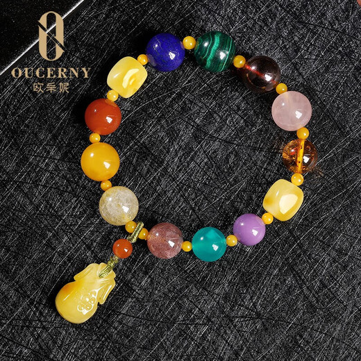 OUCERNY beeswax bracelet, amber and chicken fat yellow cheongsam pendant, southern saffron amber and blood amber multi-treasure bracelet as a Chinese Valentine's Day gift