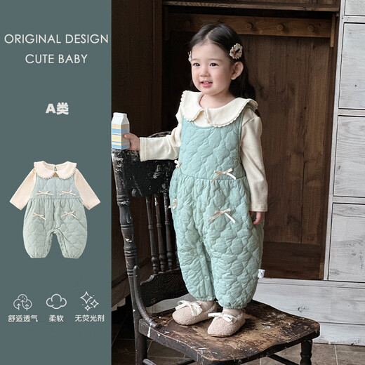 YEEHOO's new autumn and winter style baby girl's quilted overalls, stylish infant doll collar bottoming clothes, one-piece set, two-piece set, light blue overalls 73cm