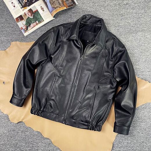 Hong Kong Style Genuine Leather Jacket 90s New Top Layer Calfskin Jacket Retro Loose Lapel Jacket for Men and Women Obsidian Black - Calfskin without Cotton XL XL recommended 150-170Jin Jin equals 0.5kg