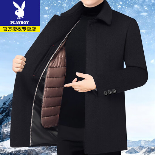 Playboy woolen coat for middle-aged men in autumn and winter, medium-length warm casual coat, thickened cotton jacket for dad, navy 112, medium-length cotton liner, removable L 175, suitable for 115-130 Jin Jin equals 0.5 kg
