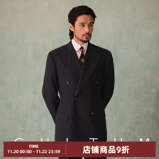 CULTUM1930s retro thickened jacket vertical striped suit suit men's double-breasted lapel collar business slim suit navy striped single suit S (50B)