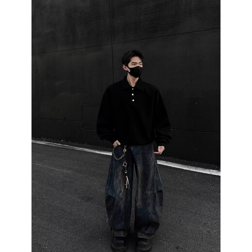 Cleanfit Henry collar sweatshirt men's spring and autumn American retro polo shirt handsome trendy loose long-sleeved inner wear black M