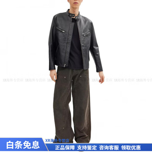 COACH Fashionable and Versatile Trend RACER Solid Color Round Neck Zipper Long Sleeve Leather Jacket Men's Black Christmas Gift Black M