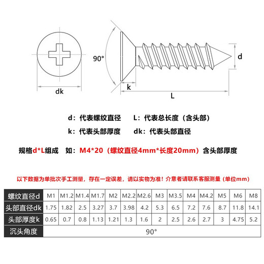 Bairite 304 stainless steel countersunk head self-tapping screws cross flat head self-tapping screws extended wood nails dry wall nails GB846 M4*60 30 pieces