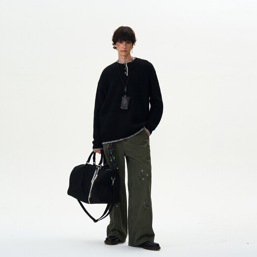 Xiaohongshu's popular American niche design Henley collar sweater for men and women, loose and lazy atmosphere, round neck wool, black, M, one size fits all