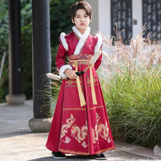 Anneyol Boys Hanfu Autumn and Winter Young Master Tang Suit Winter Boys New Year Clothes Children's Ancient Clothes Winter Clothes Thickened Red 150