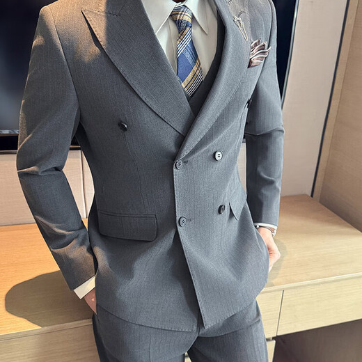 FZPT light luxury trendy brand suit suit for men 2025 autumn and winter new business casual fashion slim striped double-breasted suit medium gray suit + pants + vest 3XL recommended 150-160Jin Jin equals 0.5 kg