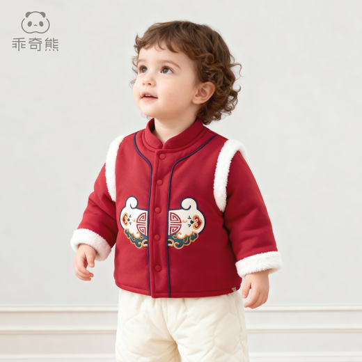 Guaqi Bear Warm Protective Cotton Baby Padded Warm Thickened Jacket Winter Antibacterial Red Festive New Year Cotton Clothes for Infants and Children