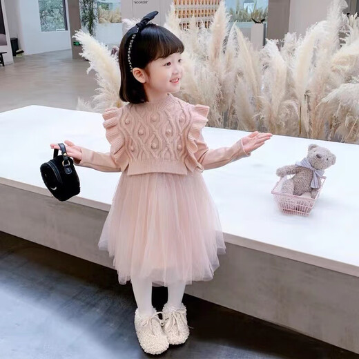 Winter children's sweater bottoming skirt girl princess dress vest two-piece set baby girl dress princess style suit pink 110 cm