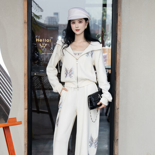 TCH Light Luxury Trendy Brand Fashion Hot Diamond Simple Style Versatile Slim Casual Hooded Jacket Suit Women T75C07E1030 Beige S 95-110Jin Jin is equal to 0.5 kg