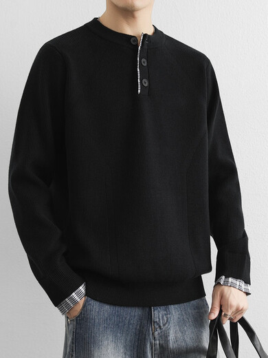 Xiaohongshu's popular Korean stitched contrasting color fake two-piece sweater for men in autumn and winter, loose pullover Henry Black M105Jin Jin is equal to 0.5kg or less, one size fits all