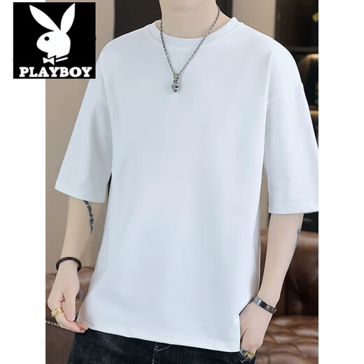 花花公子（PLAYBOY）潮流纯色男士圆领宽松T恤2025夏季新款潮流帅气青年五分袖体恤衫 T9902白色 M