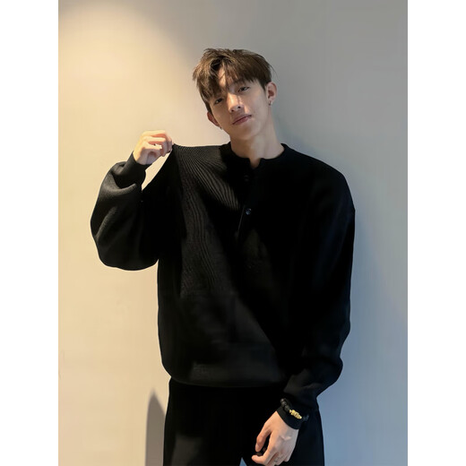 Du Xiaoxian cleanfit Henry collar black sweater men's autumn and winter lazy style long-sleeved Polo shirt right shoulder inner sweater black XL recommended 120-140Jin Jin equals 0.5 kg